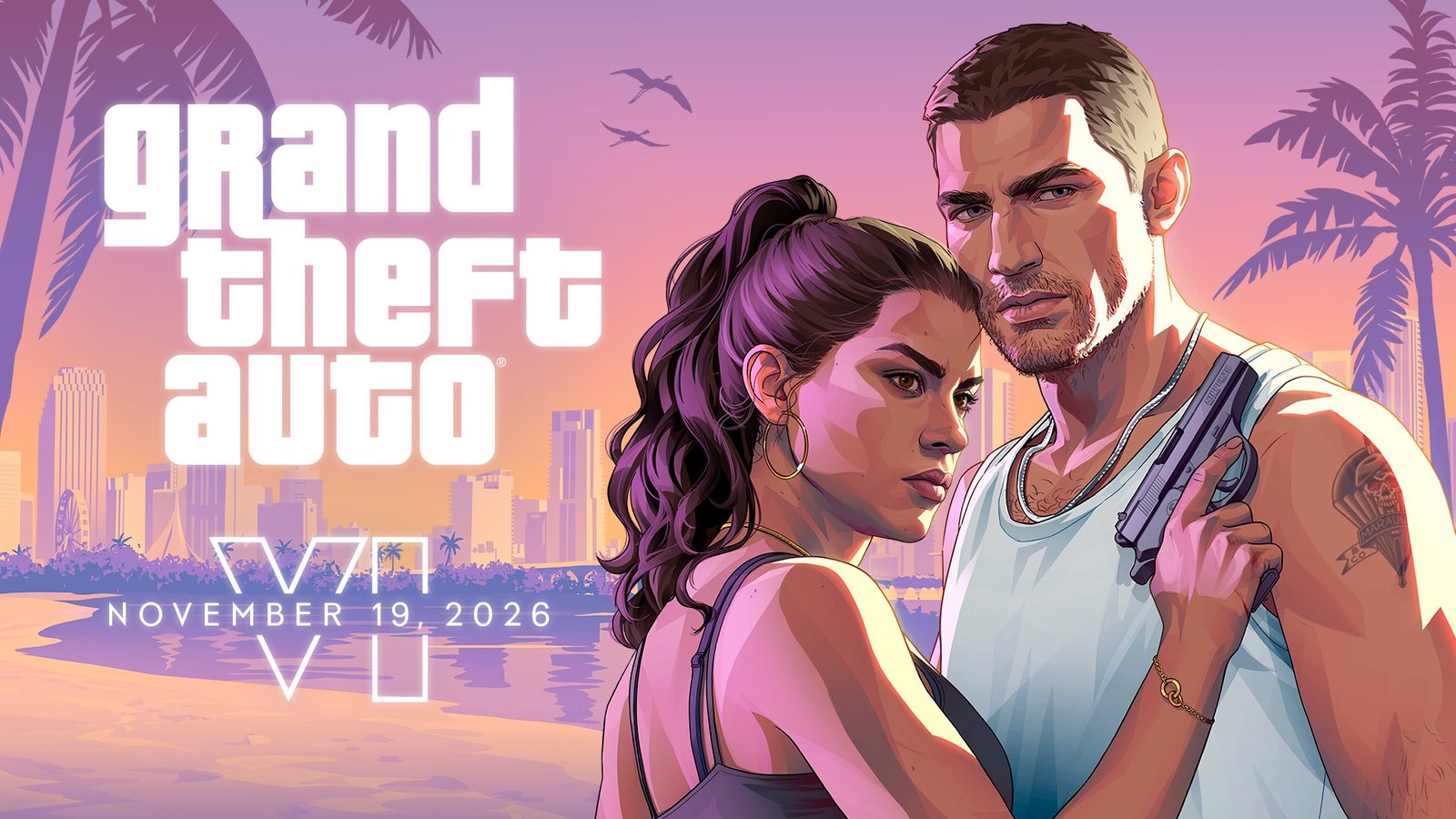 Arte oficial de Grand Theft Auto VI: Jason y Lucia en Vice City al atardecer. Lanzamiento el 19 de noviembre de 2026